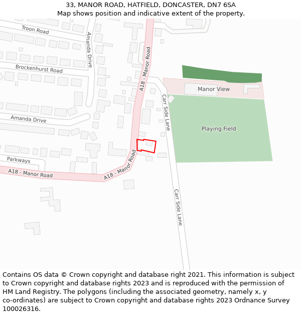 33, MANOR ROAD, HATFIELD, DONCASTER, DN7 6SA: Location map and indicative extent of plot