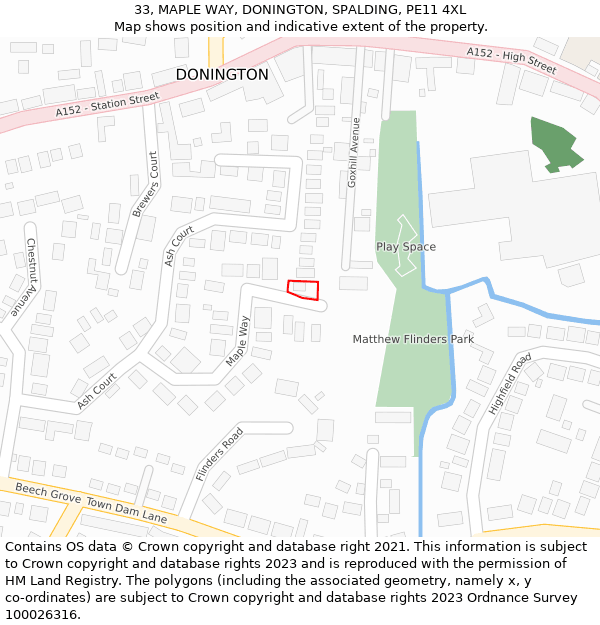 33, MAPLE WAY, DONINGTON, SPALDING, PE11 4XL: Location map and indicative extent of plot