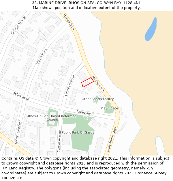 33, MARINE DRIVE, RHOS ON SEA, COLWYN BAY, LL28 4NL: Location map and indicative extent of plot