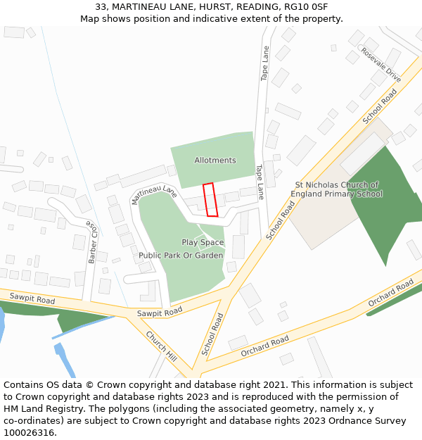 33, MARTINEAU LANE, HURST, READING, RG10 0SF: Location map and indicative extent of plot