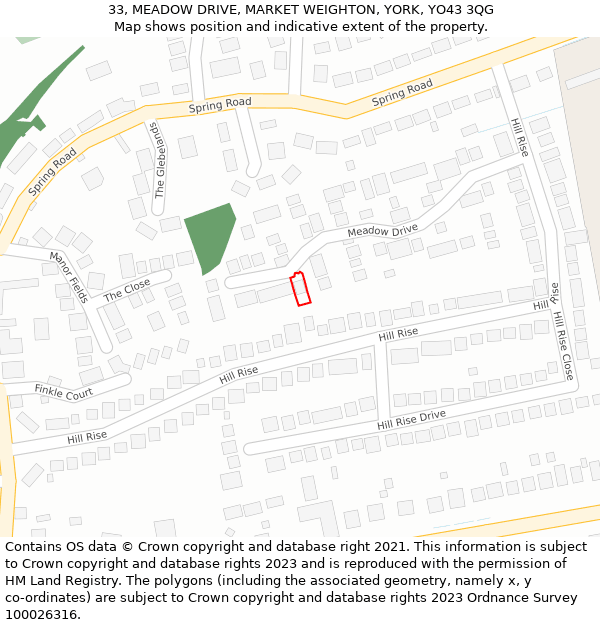 33, MEADOW DRIVE, MARKET WEIGHTON, YORK, YO43 3QG: Location map and indicative extent of plot
