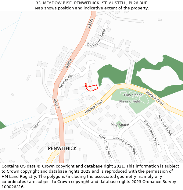 33, MEADOW RISE, PENWITHICK, ST. AUSTELL, PL26 8UE: Location map and indicative extent of plot