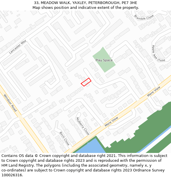 33, MEADOW WALK, YAXLEY, PETERBOROUGH, PE7 3HE: Location map and indicative extent of plot