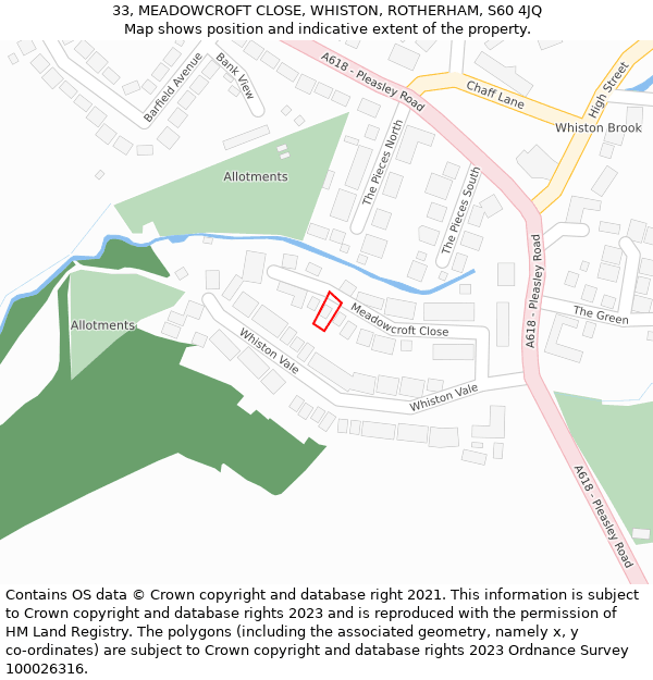 33, MEADOWCROFT CLOSE, WHISTON, ROTHERHAM, S60 4JQ: Location map and indicative extent of plot