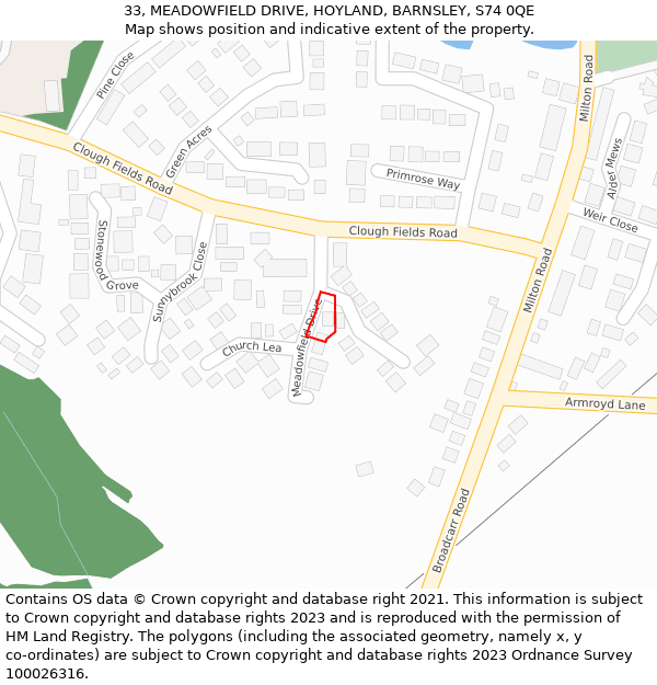 33, MEADOWFIELD DRIVE, HOYLAND, BARNSLEY, S74 0QE: Location map and indicative extent of plot