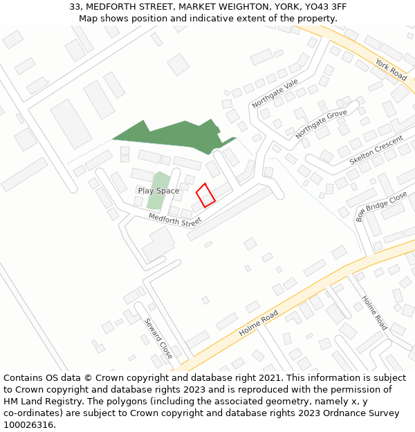 33, MEDFORTH STREET, MARKET WEIGHTON, YORK, YO43 3FF: Location map and indicative extent of plot