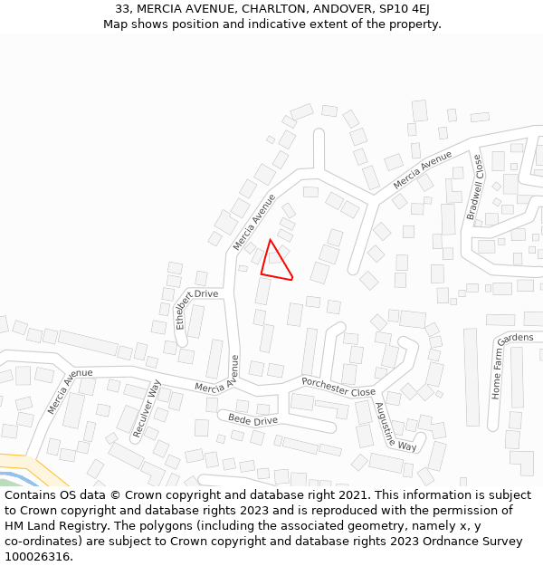 33, MERCIA AVENUE, CHARLTON, ANDOVER, SP10 4EJ: Location map and indicative extent of plot