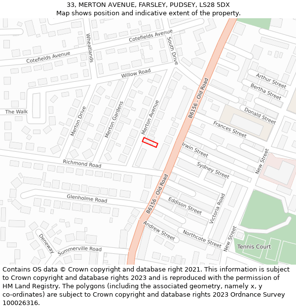 33, MERTON AVENUE, FARSLEY, PUDSEY, LS28 5DX: Location map and indicative extent of plot