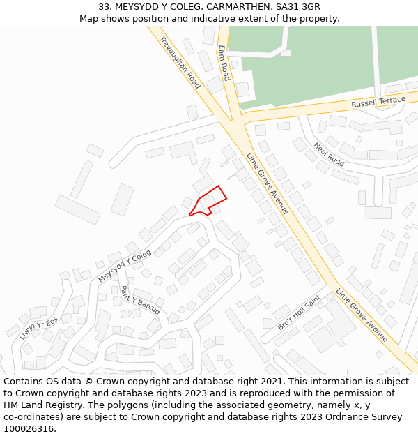 33, MEYSYDD Y COLEG, CARMARTHEN, SA31 3GR: Location map and indicative extent of plot