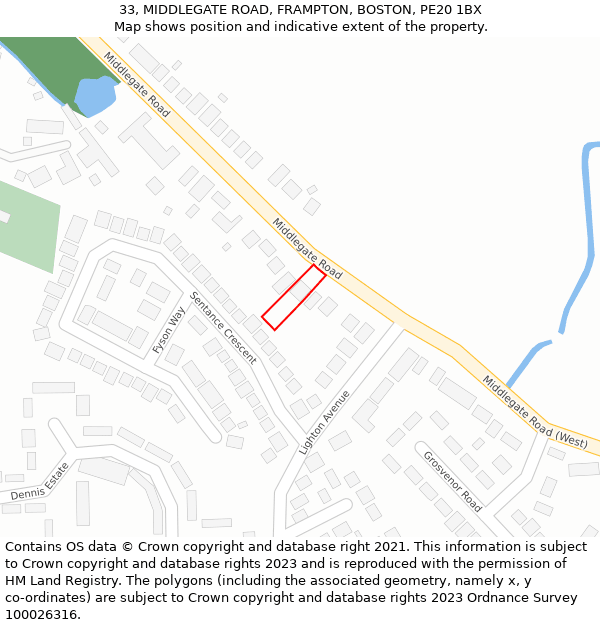 33, MIDDLEGATE ROAD, FRAMPTON, BOSTON, PE20 1BX: Location map and indicative extent of plot