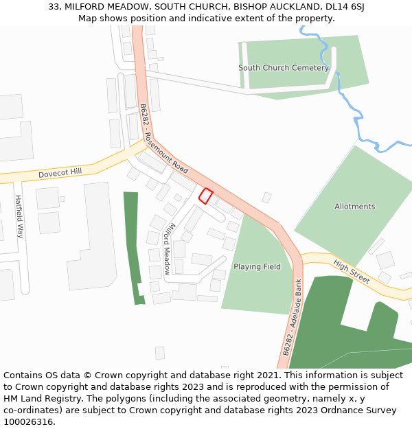 33, MILFORD MEADOW, SOUTH CHURCH, BISHOP AUCKLAND, DL14 6SJ: Location map and indicative extent of plot