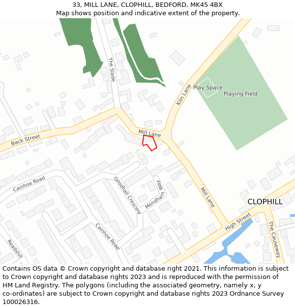 33, MILL LANE, CLOPHILL, BEDFORD, MK45 4BX: Location map and indicative extent of plot