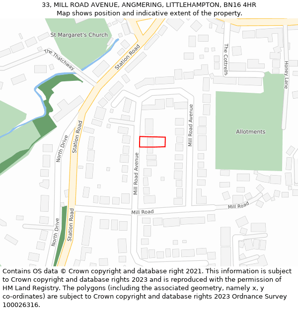33, MILL ROAD AVENUE, ANGMERING, LITTLEHAMPTON, BN16 4HR: Location map and indicative extent of plot