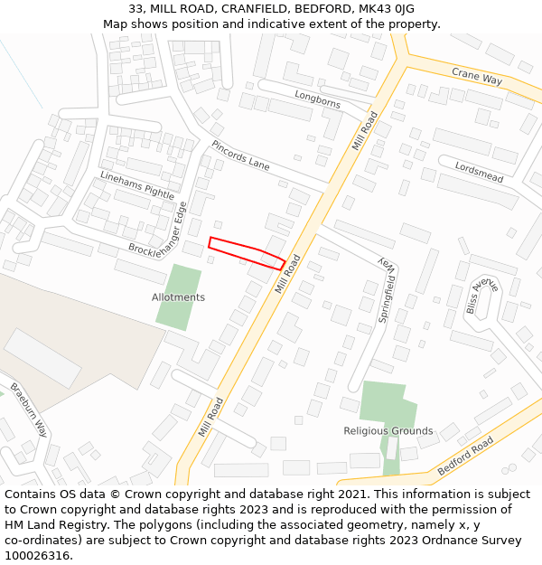 33, MILL ROAD, CRANFIELD, BEDFORD, MK43 0JG: Location map and indicative extent of plot