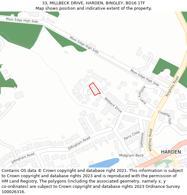 33, MILLBECK DRIVE, HARDEN, BINGLEY, BD16 1TF: Location map and indicative extent of plot