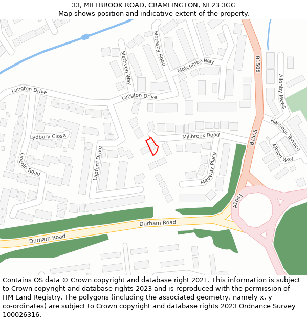 33, MILLBROOK ROAD, CRAMLINGTON, NE23 3GG: Location map and indicative extent of plot