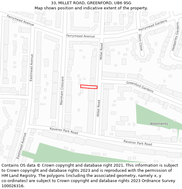 33, MILLET ROAD, GREENFORD, UB6 9SG: Location map and indicative extent of plot