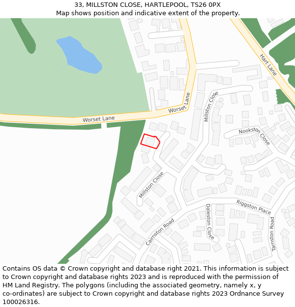 33, MILLSTON CLOSE, HARTLEPOOL, TS26 0PX: Location map and indicative extent of plot