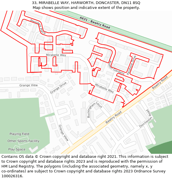 33, MIRABELLE WAY, HARWORTH, DONCASTER, DN11 8SQ: Location map and indicative extent of plot