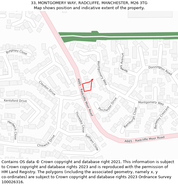 33, MONTGOMERY WAY, RADCLIFFE, MANCHESTER, M26 3TG: Location map and indicative extent of plot