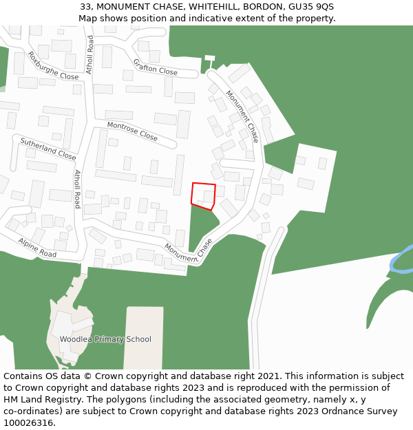 33, MONUMENT CHASE, WHITEHILL, BORDON, GU35 9QS: Location map and indicative extent of plot