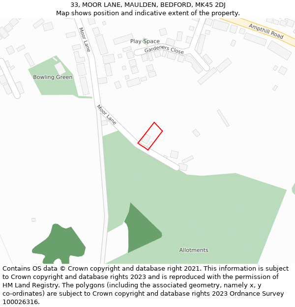 33, MOOR LANE, MAULDEN, BEDFORD, MK45 2DJ: Location map and indicative extent of plot