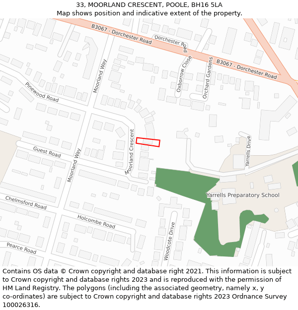 33, MOORLAND CRESCENT, POOLE, BH16 5LA: Location map and indicative extent of plot