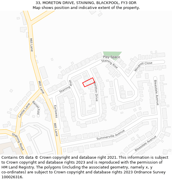 33, MORETON DRIVE, STAINING, BLACKPOOL, FY3 0DR: Location map and indicative extent of plot