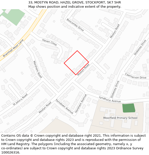 33, MOSTYN ROAD, HAZEL GROVE, STOCKPORT, SK7 5HR: Location map and indicative extent of plot
