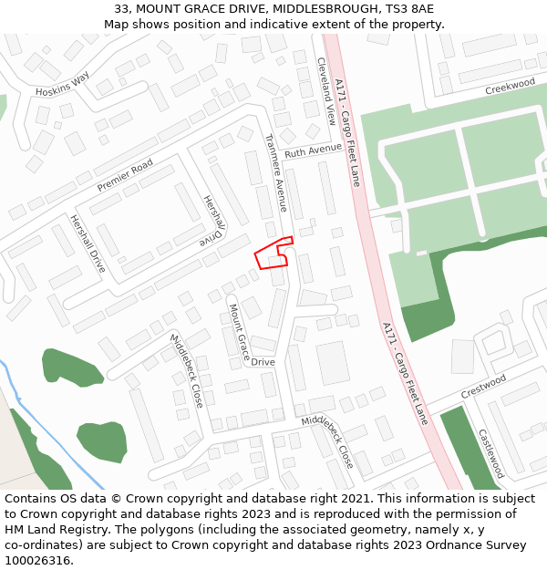 33, MOUNT GRACE DRIVE, MIDDLESBROUGH, TS3 8AE: Location map and indicative extent of plot