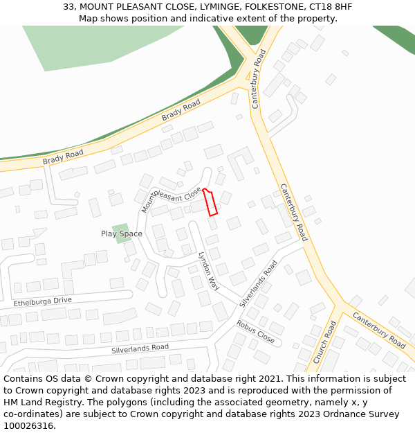 33, MOUNT PLEASANT CLOSE, LYMINGE, FOLKESTONE, CT18 8HF: Location map and indicative extent of plot