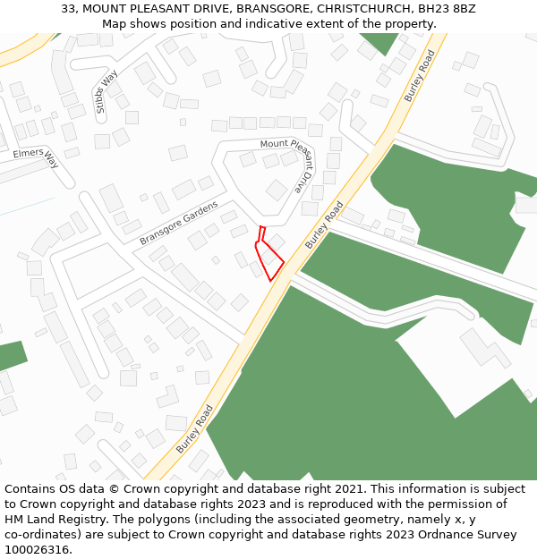 33, MOUNT PLEASANT DRIVE, BRANSGORE, CHRISTCHURCH, BH23 8BZ: Location map and indicative extent of plot