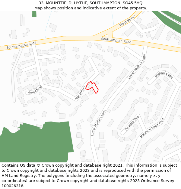 33, MOUNTFIELD, HYTHE, SOUTHAMPTON, SO45 5AQ: Location map and indicative extent of plot