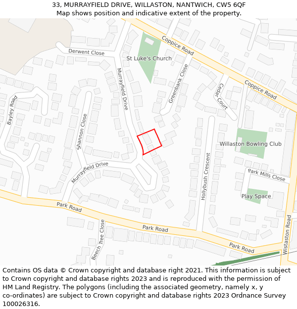 33, MURRAYFIELD DRIVE, WILLASTON, NANTWICH, CW5 6QF: Location map and indicative extent of plot