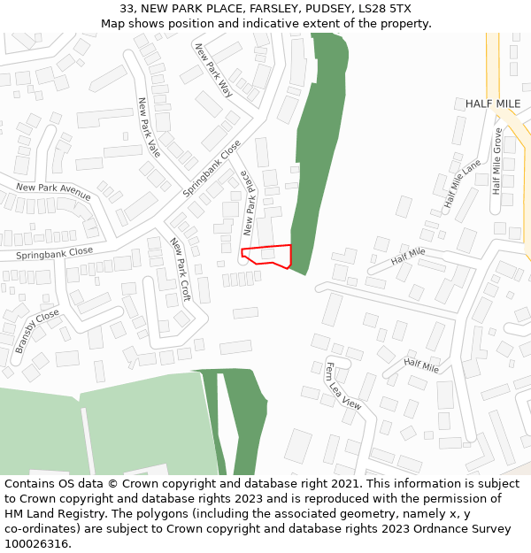33, NEW PARK PLACE, FARSLEY, PUDSEY, LS28 5TX: Location map and indicative extent of plot