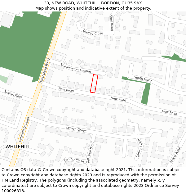 33, NEW ROAD, WHITEHILL, BORDON, GU35 9AX: Location map and indicative extent of plot