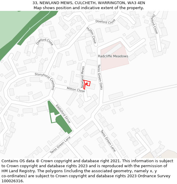 33, NEWLAND MEWS, CULCHETH, WARRINGTON, WA3 4EN: Location map and indicative extent of plot