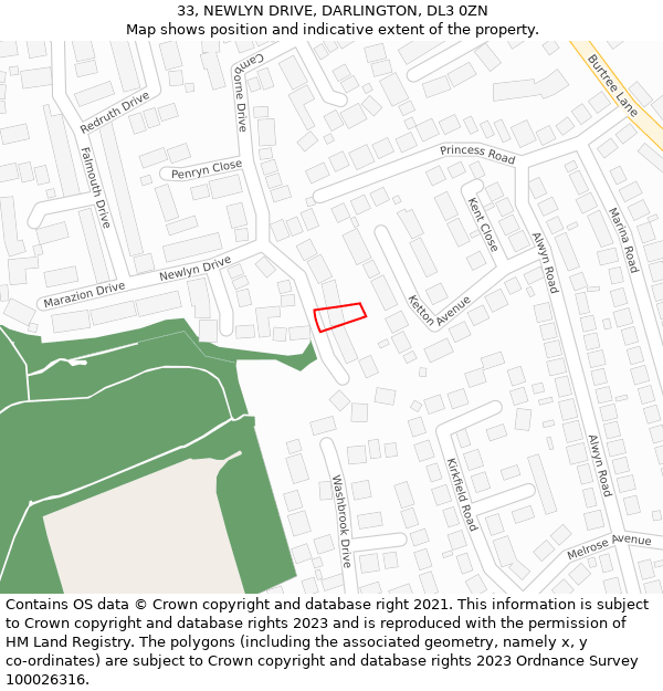 33, NEWLYN DRIVE, DARLINGTON, DL3 0ZN: Location map and indicative extent of plot