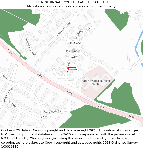 33, NIGHTINGALE COURT, LLANELLI, SA15 1HU: Location map and indicative extent of plot