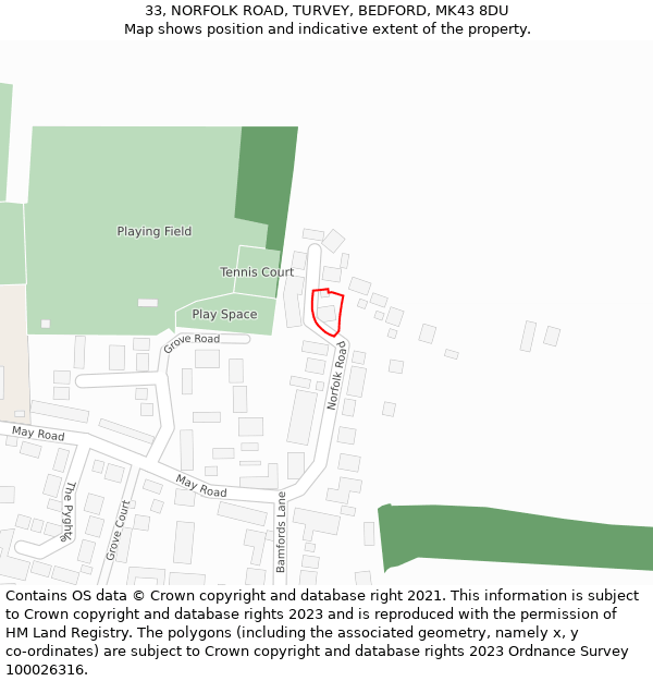33, NORFOLK ROAD, TURVEY, BEDFORD, MK43 8DU: Location map and indicative extent of plot