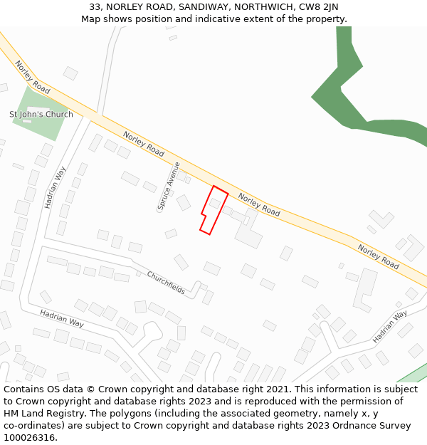 33, NORLEY ROAD, SANDIWAY, NORTHWICH, CW8 2JN: Location map and indicative extent of plot