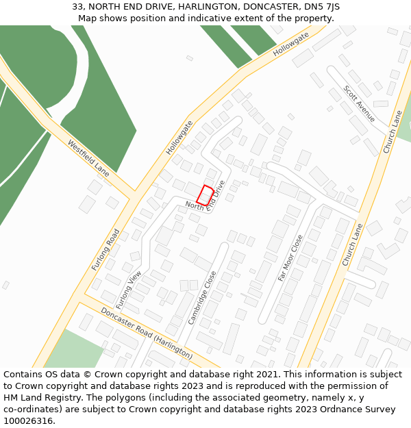33, NORTH END DRIVE, HARLINGTON, DONCASTER, DN5 7JS: Location map and indicative extent of plot