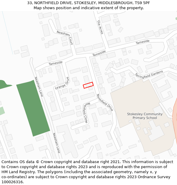 33, NORTHFIELD DRIVE, STOKESLEY, MIDDLESBROUGH, TS9 5PF: Location map and indicative extent of plot