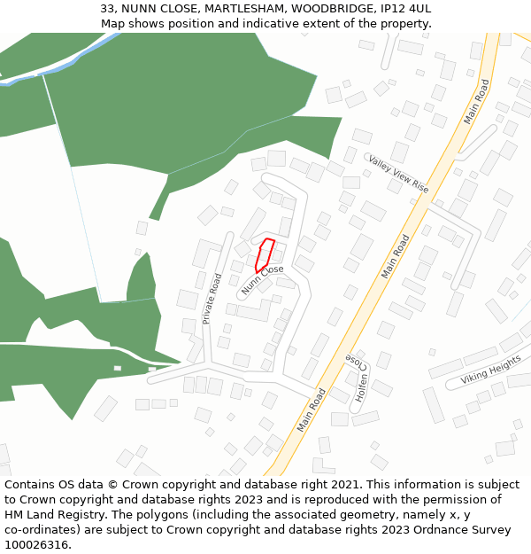 33, NUNN CLOSE, MARTLESHAM, WOODBRIDGE, IP12 4UL: Location map and indicative extent of plot