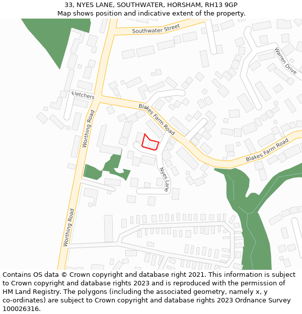 33, NYES LANE, SOUTHWATER, HORSHAM, RH13 9GP: Location map and indicative extent of plot