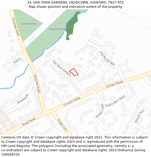 33, OAK FARM GARDENS, HEADCORN, ASHFORD, TN27 9TZ: Location map and indicative extent of plot