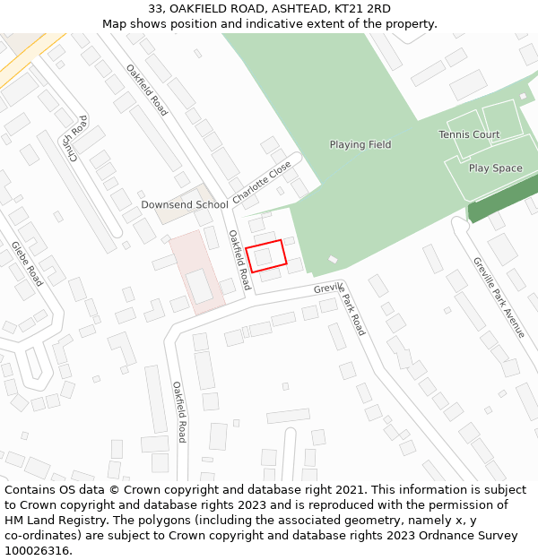 33, OAKFIELD ROAD, ASHTEAD, KT21 2RD: Location map and indicative extent of plot