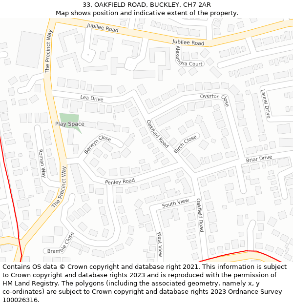 33, OAKFIELD ROAD, BUCKLEY, CH7 2AR: Location map and indicative extent of plot