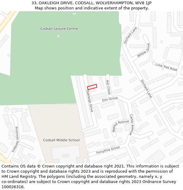 33, OAKLEIGH DRIVE, CODSALL, WOLVERHAMPTON, WV8 1JP: Location map and indicative extent of plot