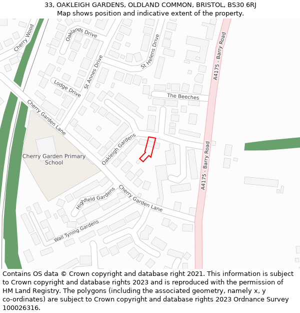 33, OAKLEIGH GARDENS, OLDLAND COMMON, BRISTOL, BS30 6RJ: Location map and indicative extent of plot